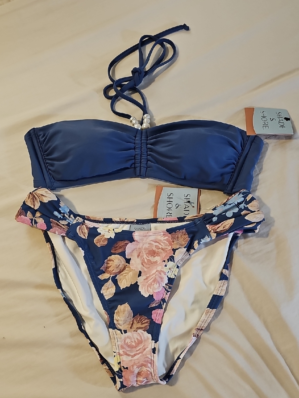 Shade & Shore Blue Bandeau Bikini with Pink Floral Bottom
